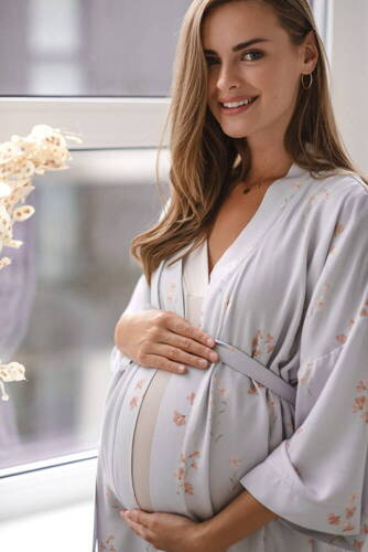 Flowers on Blue szlafrok bambusowy ciążowy Milk&Love niebieski