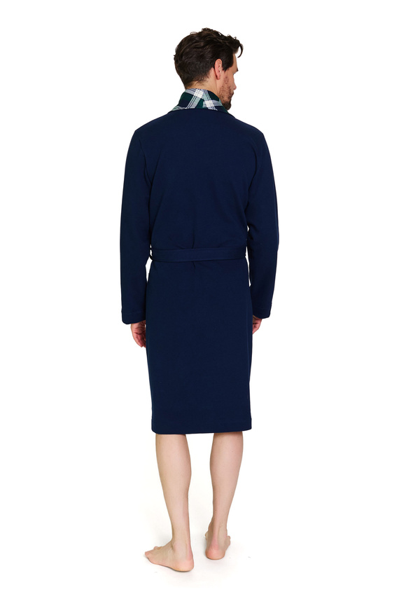 7366 Doctor Nap | Szlafrok męski premium granatowy z wykończeniem w kratę – 100% bawełna - navy blue