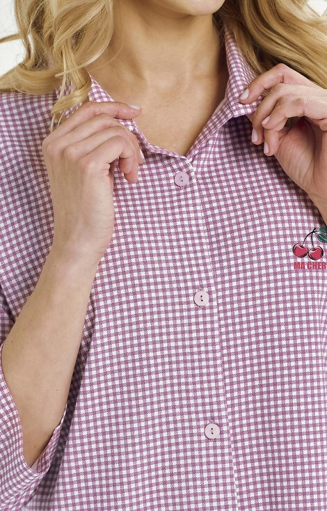 3436 Joliee Koszula damska Taro różowa – bawełna, kratka, rękaw 3/4, guziki
