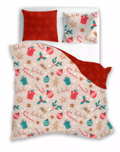 Scandic 082 Pościel świąteczna Scandic Faro beżowo-czerwona z pierniczkami– dwustronna bawełna 100%, zamek