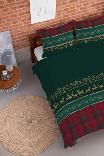 5620 A Magia Świąt Pościel flanelowa świąteczna Detexpol zielona z reniferami i kratą– bawełna 100%, 160 g/m², zamek, OEKO-TEX®