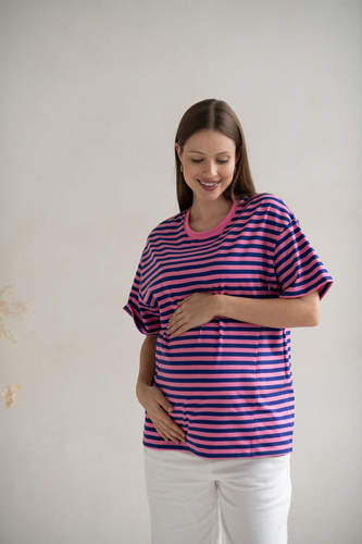 Mamahood T-shirt ciążowy i do karmienia Milk&Love różowo-niebieskie paski – wygodny i stylowy