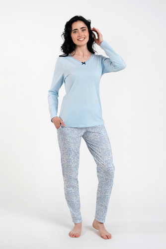 Salli Piżama Damska długi rękaw i długie spodnie Italian Fashion -niebieski/druk