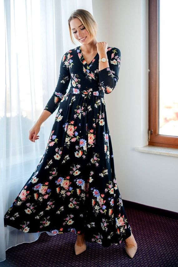 109 Wizytowa Sukienka z długim rękawem MIRACLE- granat w kwiaty