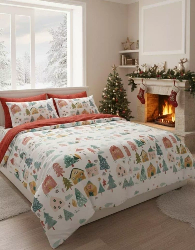Scandic 080 Pościel świąteczna Scandic Faro biała i czerwona z kolorowymi domkami– dwustronna bawełna 100%, zamek