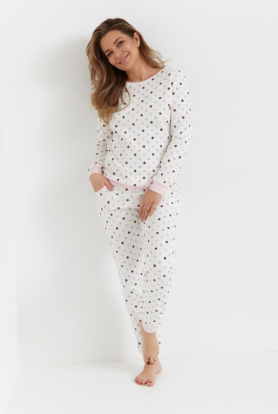 435 Piżama damska Cana Interlock ecru – bawełniana, z długim rękawem i spodniami