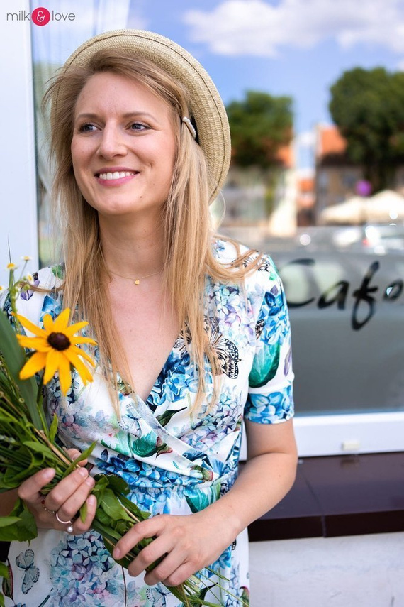 Sukienka do karmienia Two Ways LONG krótki rękaw Milk&Love miętowa w magnolie i ptaki