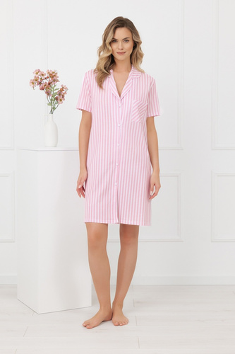 Koszula nocna Genna Italian Fashion 100% bawełna paski krótki rękaw-różowa