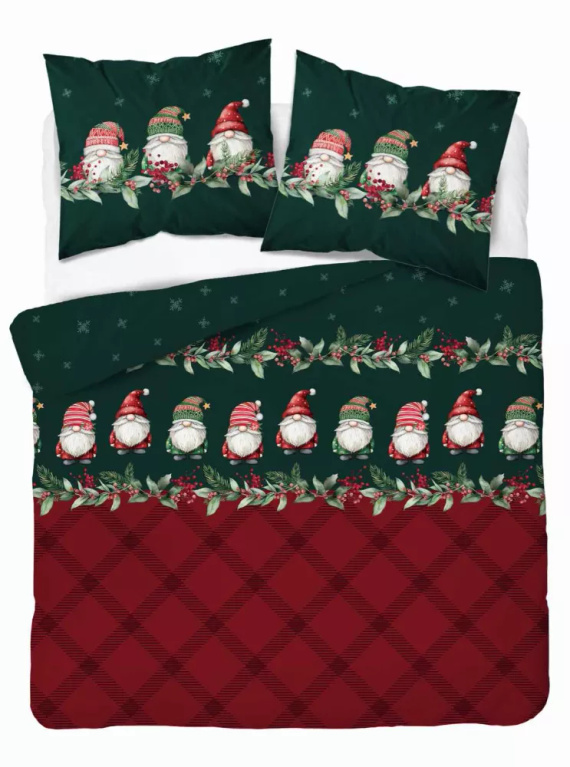 5618 A Magia Świąt Pościel flanelowa świąteczna Detexpol w skrzaty na bordowo-zielonym tle– bawełna 100%, 160 g/m², zamek, OEKO-TEX®