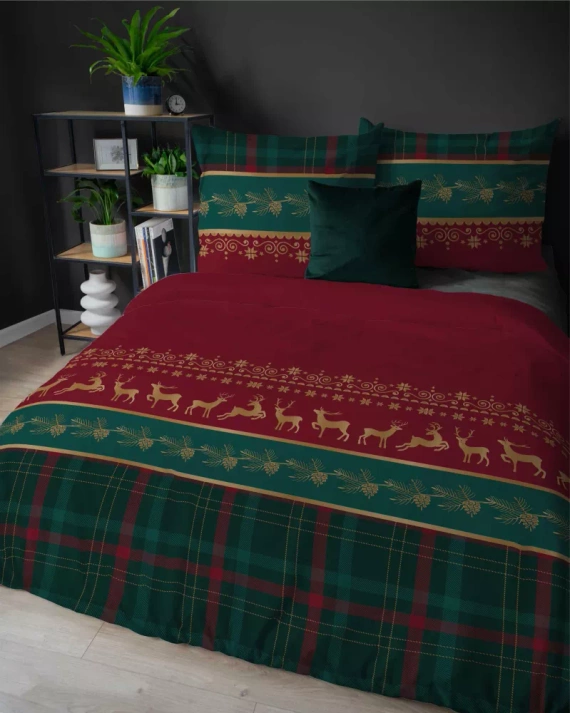 5620 B Magia Świąt Pościel flanelowa świąteczna Detexpol czerwona z reniferami i kratą– bawełna 100%, 160 g/m², zamek, OEKO-TEX®