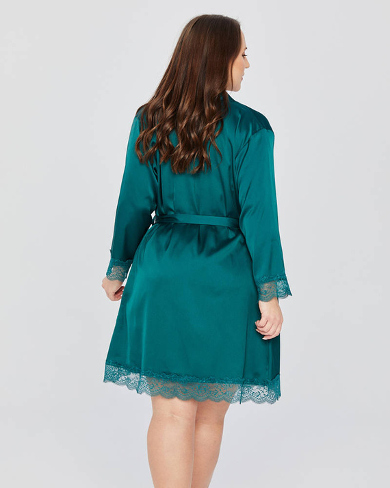 Szlafrok satynowy z koronką plus size Mona dark green