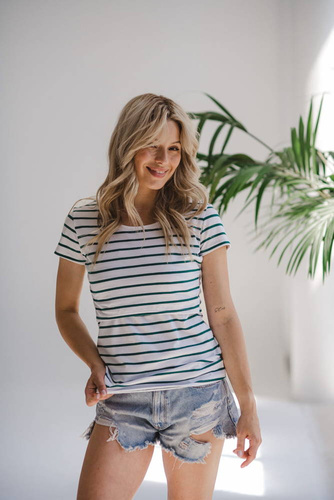 Milk Shirt Bluzka do karmienia i ciążowa z krótkim rękawem Milk&Love w biało-zielone paski