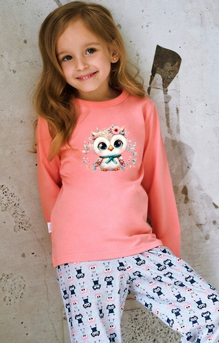 3486, 3487 Emma Piżama dziewczęca Taro morelowa – bawełna, nadruk, wzorzyste spodnie