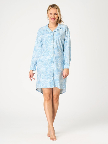 Koszula nocna Key LND 657 błękitna – guziki, SAUDETE FLANNEL, roślinny print