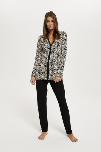 Abisynia Piżama Damska długi rękaw, długie spodnie Italian Fashion - druk/czarny