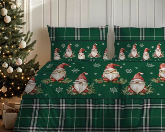 5622 B Magia Świąt Pościel flanelowa świąteczna Detexpol zielona w kratę ze skrzatami i śnieżynkami – bawełna 100%, 160 g/m², zamek, OEKO-TEX®