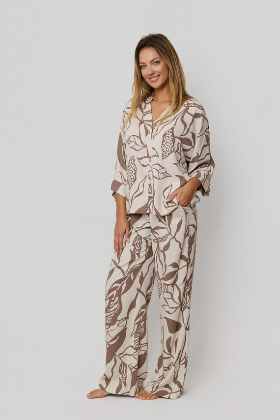 Piżama Damska Luna PX63 Mefemi by Nipplex mokka– 100% Wiskoza, Roślinny Print, Guziki, Długie Spodnie | Komfort Premium