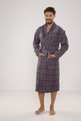 803 / 819 Twin Frotte szlafrok męski Forex - szary w kratę fioletową (grey checked)