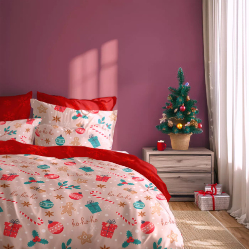 Scandic 082 Pościel świąteczna Scandic Faro beżowo-czerwona z pierniczkami– dwustronna bawełna 100%, zamek