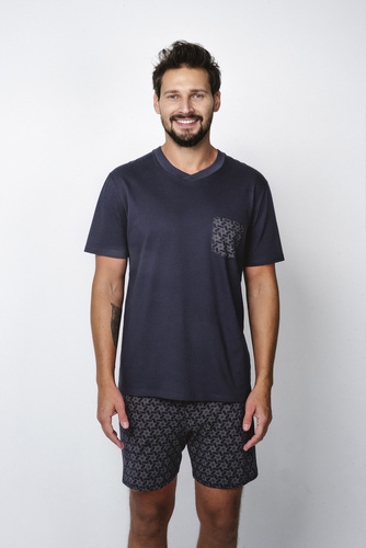 Diaz Piżama Męska krótki rękaw, spodenki Italian Fashion - granatowy/druk