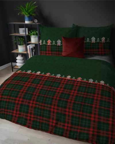 5619 B Magia Świąt Pościel flanelowa świąteczna Detexpol zielona w domki i kratę– bawełna 100%, 160 g/m², zamek, OEKO-TEX®