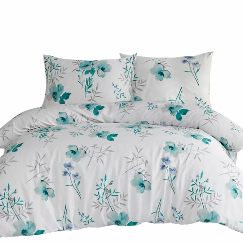 31504/1 Pościel flanelowa kwiaty Darymex biały/turkusowy