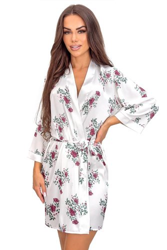 Szlafrok damski Julia ecru donna – delikatna satyna, kwiatowy print, wiązany pasek