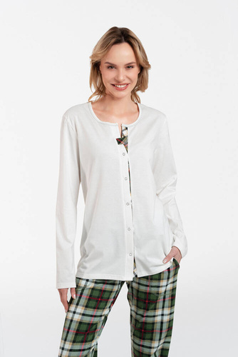 Asama Rozpinana Piżama Damska długi rękaw, długie spodnie Italian Fashion - ecru/druk