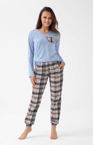 322 Luna niebieska   – piżama damska bawełniana, serduszka, długi rękaw, spodnie w kratkę