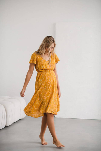 Lovely Dress Midi Milk&Love sukienka ciążowa i do karmienia musztardowy w groszki