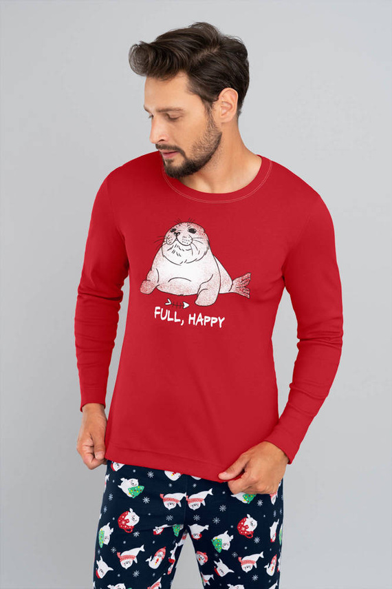 Elder Piżama Męska długi rękaw, długie spodnie Italian Fashion- czerwony/druk granatowy