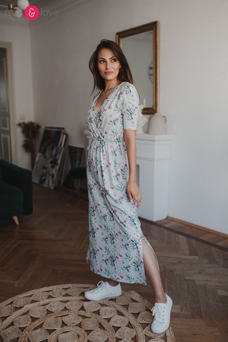 Sukienka do karmienia Two Ways LONG krótki rękaw Milk&Love miętowa w magnolie i ptaki