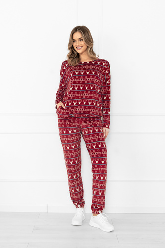 Komplet damski Navara – polarowy zestaw w świąteczny wzór z reniferami Italian Fashion - bordowy 
