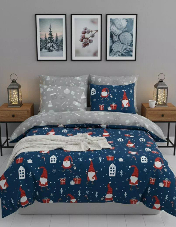 Scandic 081 Pościel świąteczna Scandic Faro granatowo-szara ze skrzatami– dwustronna bawełna 100%, zamek