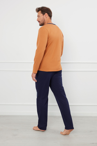 Juliusz Piżama Męska długi rękaw, długie spodnie Italian Fashion - koniak/granatowy