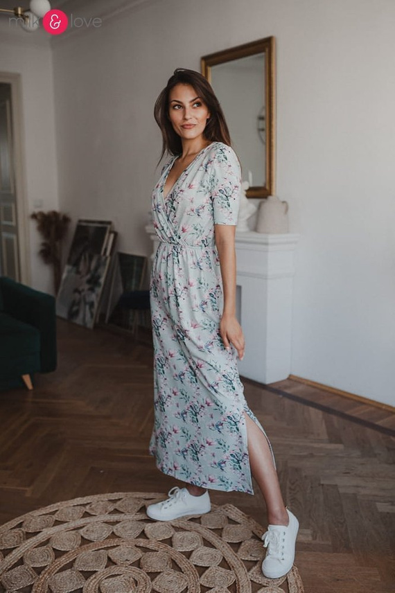 Sukienka do karmienia Two Ways LONG krótki rękaw Milk&Love miętowa w magnolie i ptaki