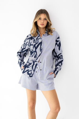 Piżama damska Hallie granatowo-biała bawełniana w paski guziki długi rękaw komfort