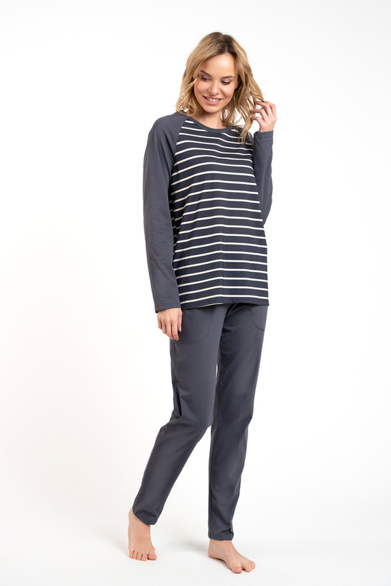 Oda Piżama Damska długi rękaw, długie spodnie Italian Fashion - druk grafitowy/grafitowy