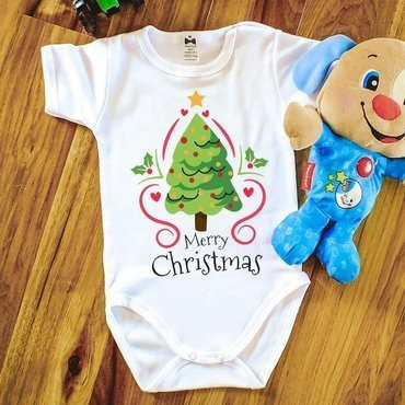 "Merry Christmas z choinką BOŻE NARODZENIE" Moocha body krótki rękaw biały