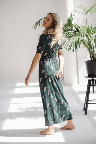 Sukienka do karmienia Two Ways LONG krótki rękaw Milk&Love butelkowa zieleń w gałązki