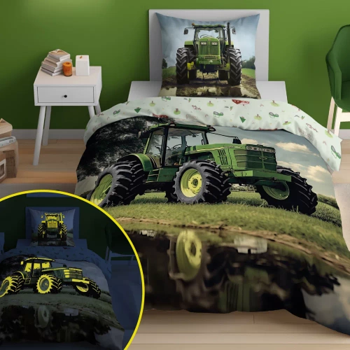 5409 A Zielony traktor Pościel bawełniana świecąca w ciemności Detexpol