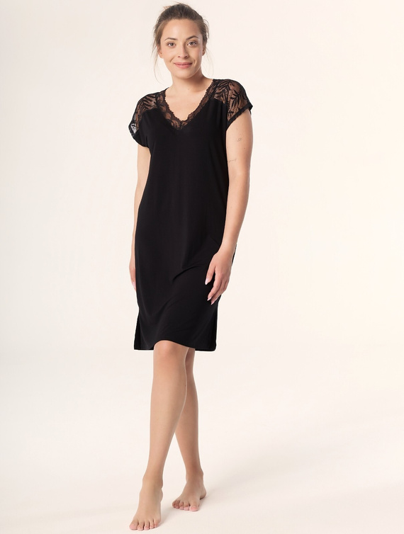 Koszula nocna Petra KB59 Mefemi Nipplex czarna – wiskoza, koronka, krótki rękaw, przed kolano
