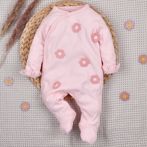 NINI LITTLE FLOWERS pajac jasnoróżowy z haftem, 100% bawełna organiczna ABN-5755/JRO