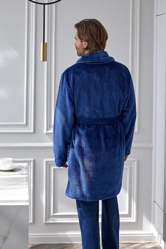 L&L Elegant 2664 Szlafrok Męski Krótki Waflowy Miękki z Kołnierzem navy