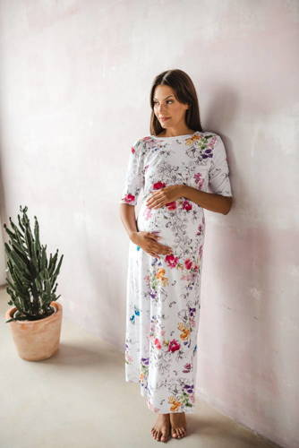 Sukienka do karmienia Two Ways LONG krótki rękaw Milk&Love biała w kolorowe kwiaty