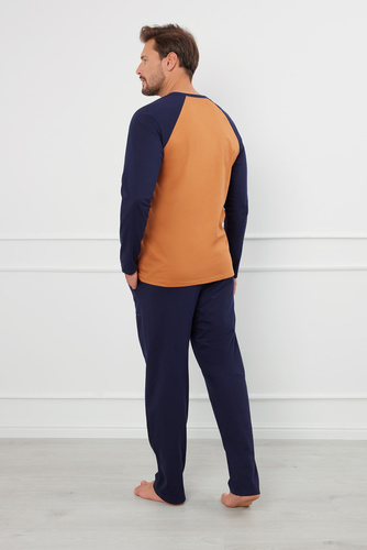 Aleksander Piżama Męska długi rękaw, długie spodnie Italian Fashion - koniak/granat