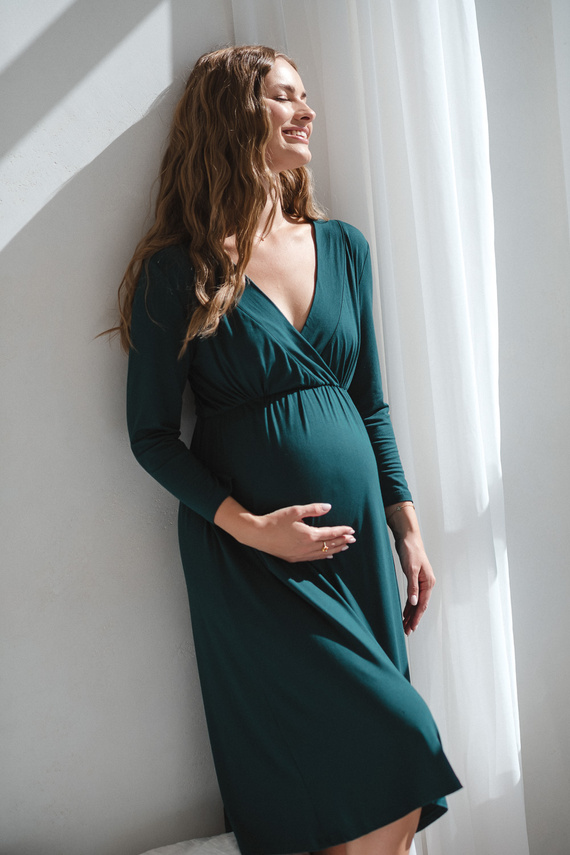 Star Light Koszula nocna ciążowa i do karmienia bambusowa 7/8 Milk&Love butelkowa zieleń– oddychająca, do szpitala, wygodne karmienie piersią