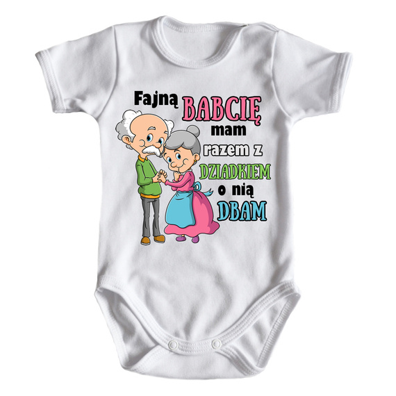 "Fajną babcię mam razem z dziadkiem o nią dbam" Moocha body krótki rękaw biały