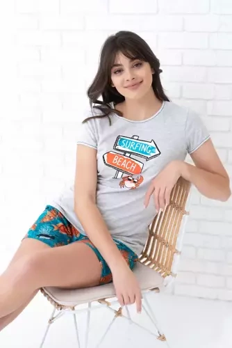 Oceania Piżama Damska krótki rękaw, spodenki Italian Fashion- melanż/druk