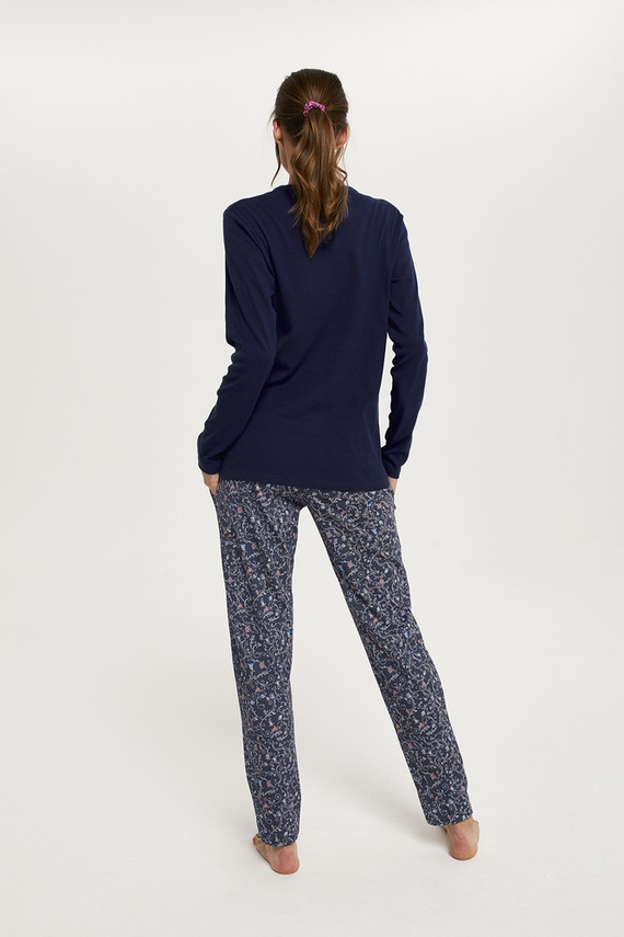 Sajna Piżama Damska długi rękaw, długie spodnie Italian Fashion - granat/druk